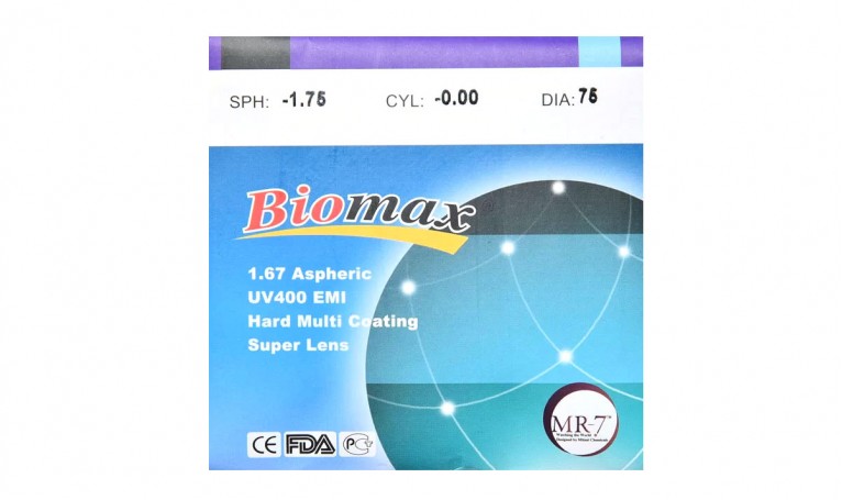 Полимерная астигматическая линза BIOMAX HMC+EMI. Ind. 1,67 Ø70-75 (SPH -0.25 -12.0/ CYL -0.25 -2.0)