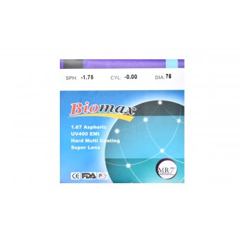 Полимерная асферическая линза BIOMAX UV400 + EMI Ind. 1,67 Ø75-70 (0,0 / -15,0)